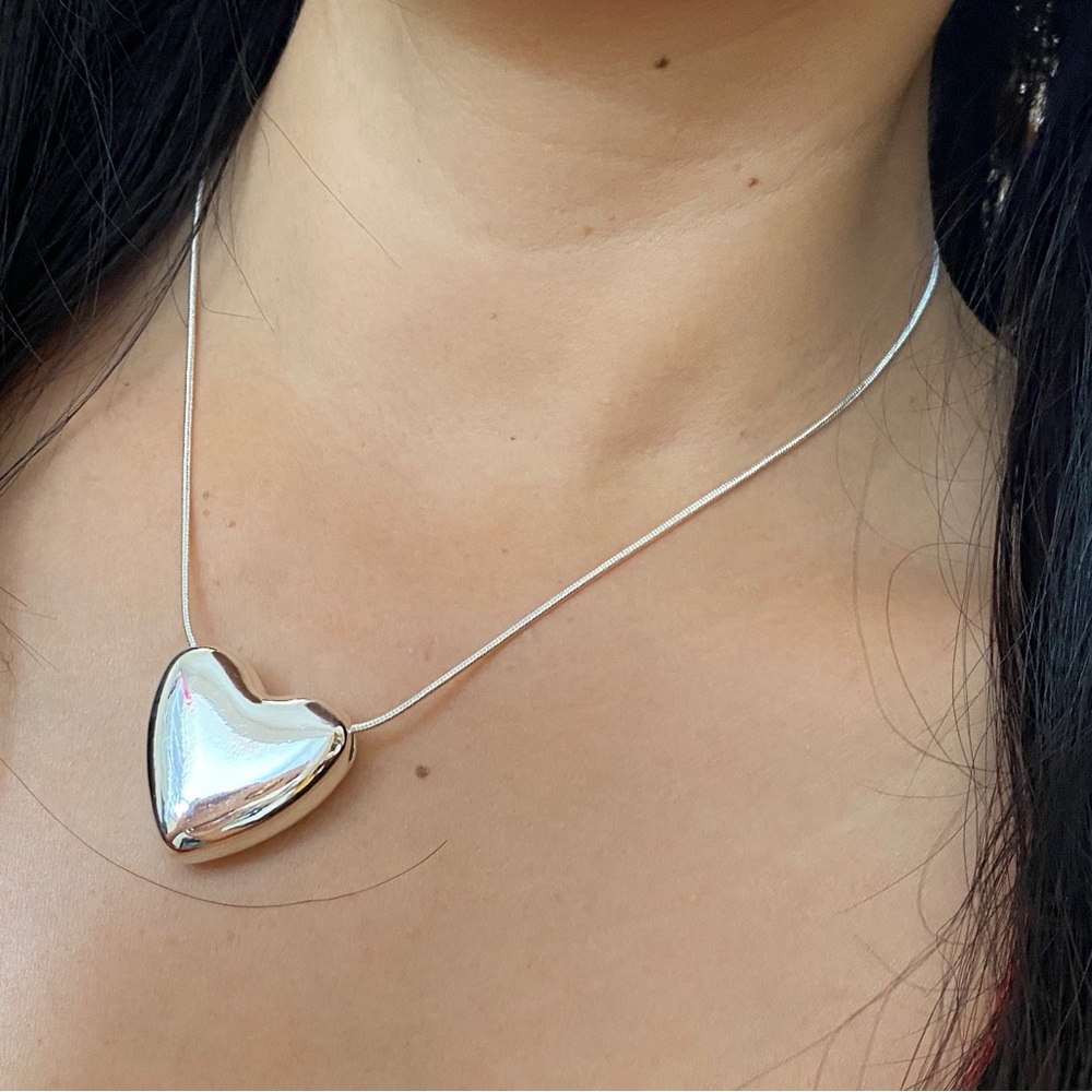 S925 Silver Heart Chunky Necklace,Big Silver Heart Necklace for Women girls her